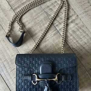 Gucci Navy Embossed Leather Clutch with Gold Chain